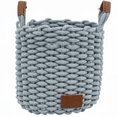 Cesto De Corda Algodão Cinza Com Alças De Couro 34X34cm Cesto Trançado Decorativo Soho Yoi